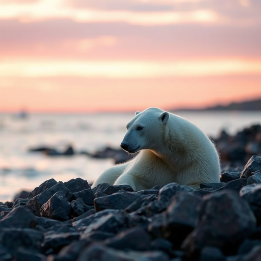 polar bear resting on rocky shore at sunset, 50mm f/1.8 lens, aperture f/8, ISO 200, shutter speed 1/250 sec, soft focus background, natural lighting, DSLR camera