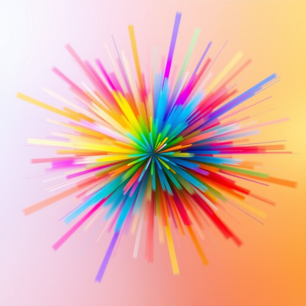 Create a vibrant abstract image of a colorful starburst explosion with a smooth gradient background, using a DSLR camera with a 50mm f/1.8 lens, ISO 100, aperture set to f/8, and a focal length of 50mm, taken from a frontal view to capture depth and clarity.