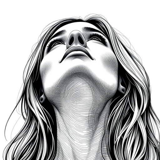 Create a highly detailed portrait illustration of a woman looking upwards, using fine line work and cross-hatching techniques, with a soft focus background; camera settings: aperture f/2.8, ISO 100, shutter speed 1/125s; camera view: close-up; camera style: artistic; camera type: DSLR.