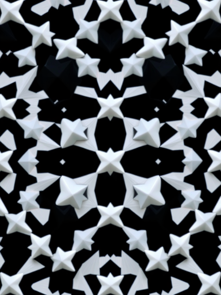 Create a high-contrast pattern of alternating black and white star shapes arranged in a diamond grid formation, captured with a DSLR camera at f/8 aperture, ISO 100, 1/125 sec shutter speed, in a top-down view, using macro lens for enhanced detail.