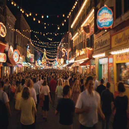 Blurry, fast-paced image of a street carnival at night, colorful lights flashing in the darkness, the sound of music and laughter filling the air, people in the background spinning on rides, soft shadows cast by the glowing lights.