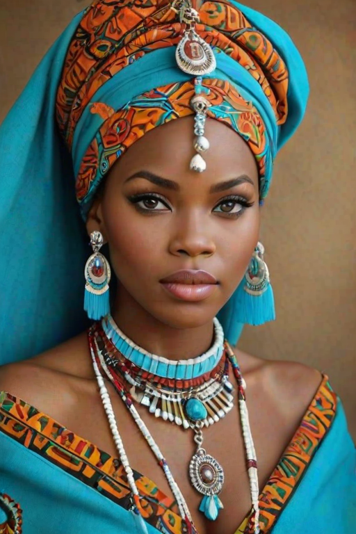 Create a portrait of a beautiful Zulu woman with striking cyan eyes and a gentle expression. She is adorned in traditional attire with intricate patterns, including a richly embroidered headscarf and matching garments. Her jewelry includes a delicate headpiece, dangling earrings, and ornate bracelets, all featuring vibrant gemstones and detailed metalwork. The background is soft and warm, enhancing the rich colors of her outfit and jewelry.