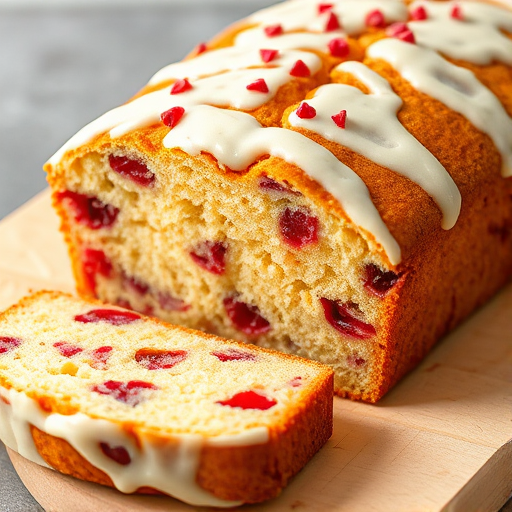 A delicious loaf cake with a light golden crust and a moist interior filled with pieces of red fruit, topped with a creamy white icing and sprinkled with small red bits, showcasing a slice cut from the loaf to reveal its texture and color.