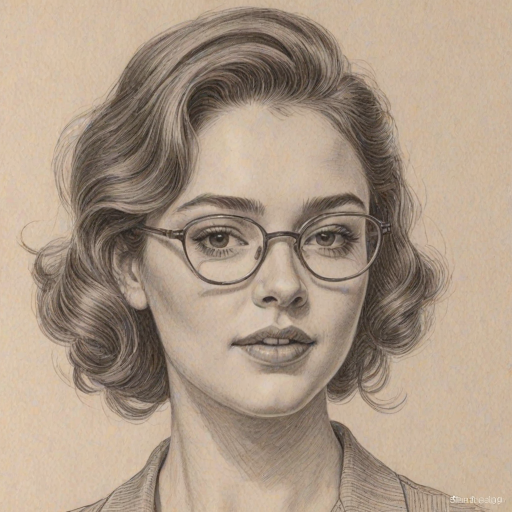 Appealing Danielle Rose Russell, pencil sketch, portrait of Superb woman 1957s in glasses, hair style beatnik, outline, clear lines, fine lines, 8k