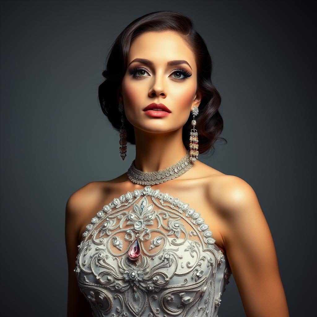 Studio portrait, female model, elegant couture dress, bold makeup, dramatic lighting, Shoot over the shoulder using a telephoto lens to focus on small details like jewelry, makeup, or fabric textures