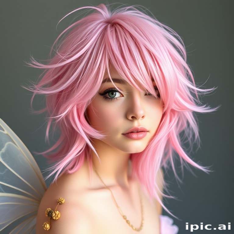 Ethereal pastel pink-haired fairy with a whimsical, layered shag cut, featuring wispy bangs and soft, face-framing tendrils