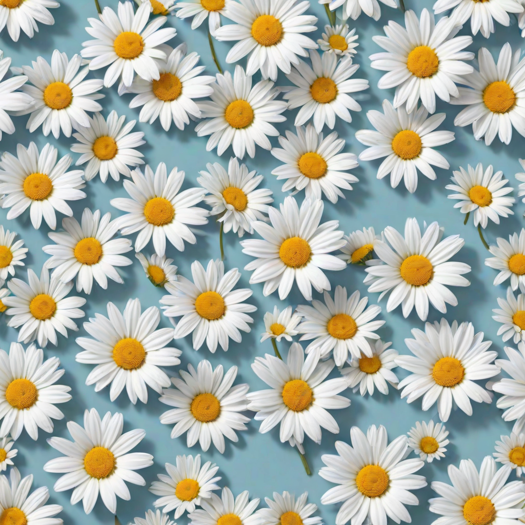 Create a seamless pattern featuring a light blue background filled with white daisies. Each daisy should have a bright yellow center and a simple, clean design. The flowers should be evenly spaced, creating a harmonious and cheerful floral pattern.