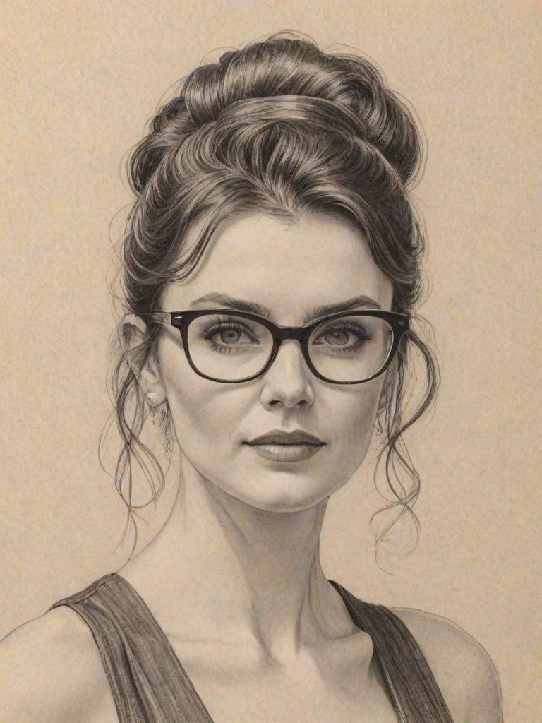 Exquisite Aisling Bea, pencil sketch, portrait of Enticing woman 1938s in glasses, hair style beatnik, outline, clear lines, fine lines, 8k