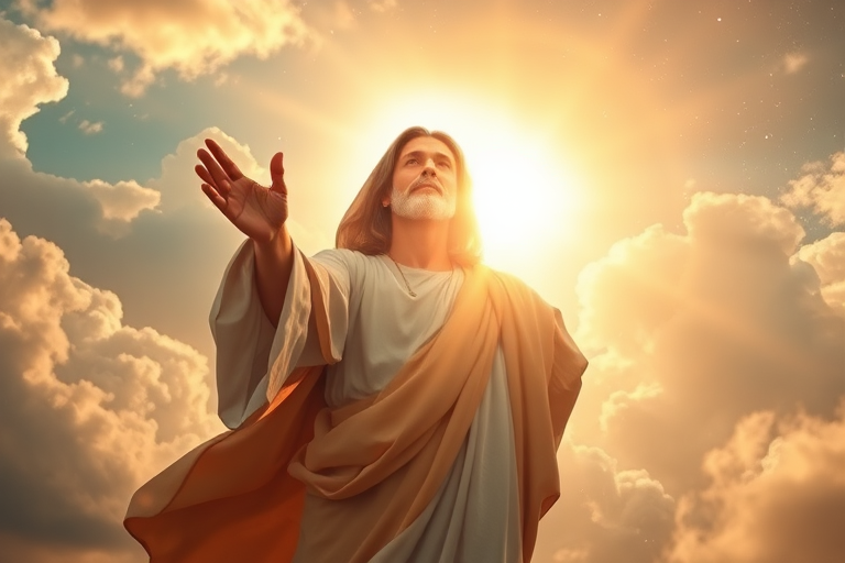 Create an ethereal portrayal of a divine figure reaching out with an outstretched hand, surrounded by a heavenly light with clouds and a celestial background, using a Canon EOS R5, 50mm lens, f/1.8 aperture, ISO 100, with soft focus and warm tones to enhance the spiritual ambiance.
