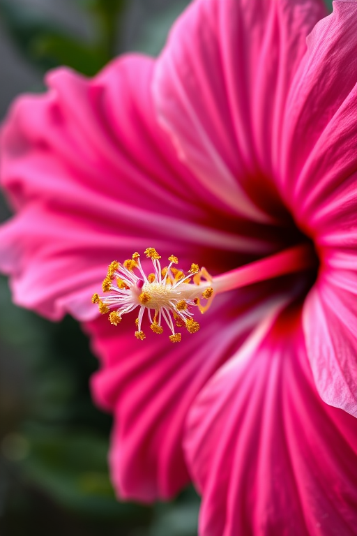 pink hibiscus flower with detailed petals and stamen, close-up view, 50mm lens, f/2.8 aperture, natural lighting, high resolution, studio photography