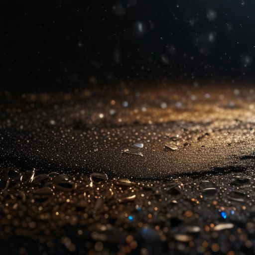 Glittering Water Droplets Reflecting Light on a Dark Surface Background