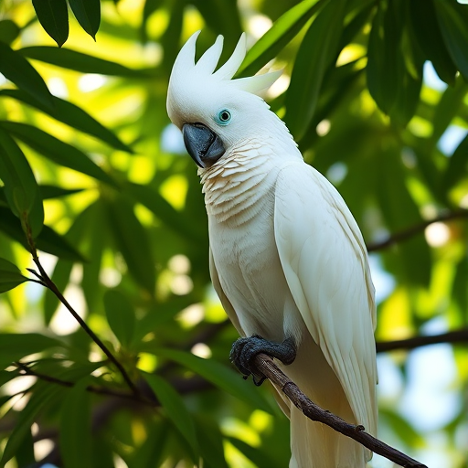 a white cockatoo perched on a branch surrounded by green leaves, shot with a Nikon D850, 50mm lens, aperture f/2.8, ISO 200, sunlight filtering through leaves, shallow depth of field for soft background blur