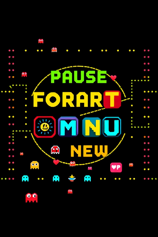 Create a vibrant 8-bit style image featuring a Pac-Man inspired shape filled with colorful retro gaming buttons labeled PAUSE, FORWARD, START, MENU, BACK, and NEW, with pixelated enemies and hearts scattered on a black background, shot using a DSLR camera at f/8 aperture, ISO 100, 50mm lens, with a vibrant color profile and high contrast to enhance the pixel art details.
