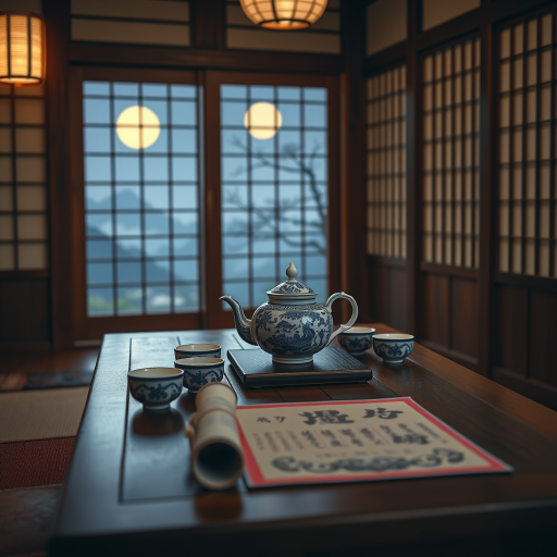 create an interior scene of a traditional tea room with a wooden table, ornate blue and white teapot and cups, decorative scrolls on the table, soft moonlight illuminating the landscape through shoji screens, shot with a Canon EOS R5, 50mm lens, f/2.8, ISO 100, daylight balanced, with a slight vignette for focus on the foreground and enhanced color saturation