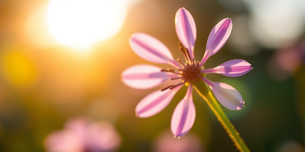 capture a close-up of a purple flower in soft sunlight with a blurred background, using a macro lens at f/2.8, ISO 100, 1/200s, shot at golden hour with a DSLR camera for enhanced detail and color vibrancy