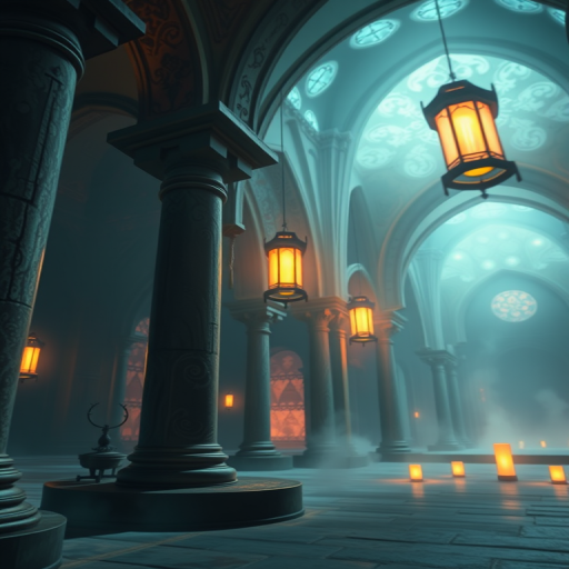fantasy interior with columns and archways, ethereal lighting, glowing lanterns, and mystical atmosphere, wide-angle view, soft focus, DSLR camera, aperture f/2.8, ISO 200, shutter speed 1/60s, ambient lighting, high-resolution quality
