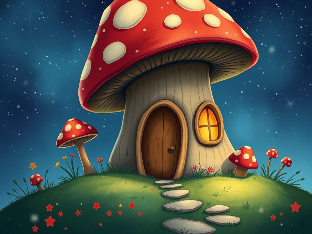 create illustration of a mushroom house with a door and a window, a storybook , fantasy art, mushroom house, bg starry sky, sparkles