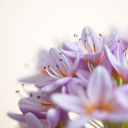 Close-up of delicate white and purple flowers with fine, wispy stamens against a soft neutral background, shot with a macro lens at f/2.8, 1/200 sec, ISO 100, natural light, DSLR camera.
