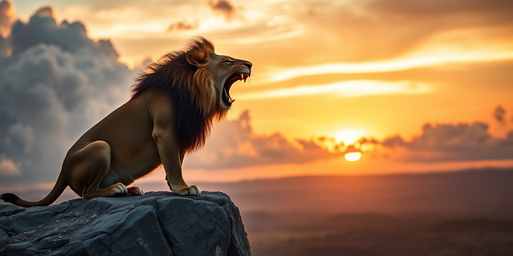 A majestic lion roaring on a rocky ledge at sunset, with dramatic clouds in the background, shot in 4K resolution using a Canon EOS R5, f/4 aperture, 50mm lens, ISO 100, natural lighting, and a wide-angle view to capture the landscape.