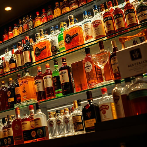 photo of a well-lit liquor shelf featuring various brands and bottles, shot with a Canon EOS R5, 50mm lens, aperture f/1.8, ISO 100, 1/60 sec, low angle view, warm lighting for enhanced ambiance