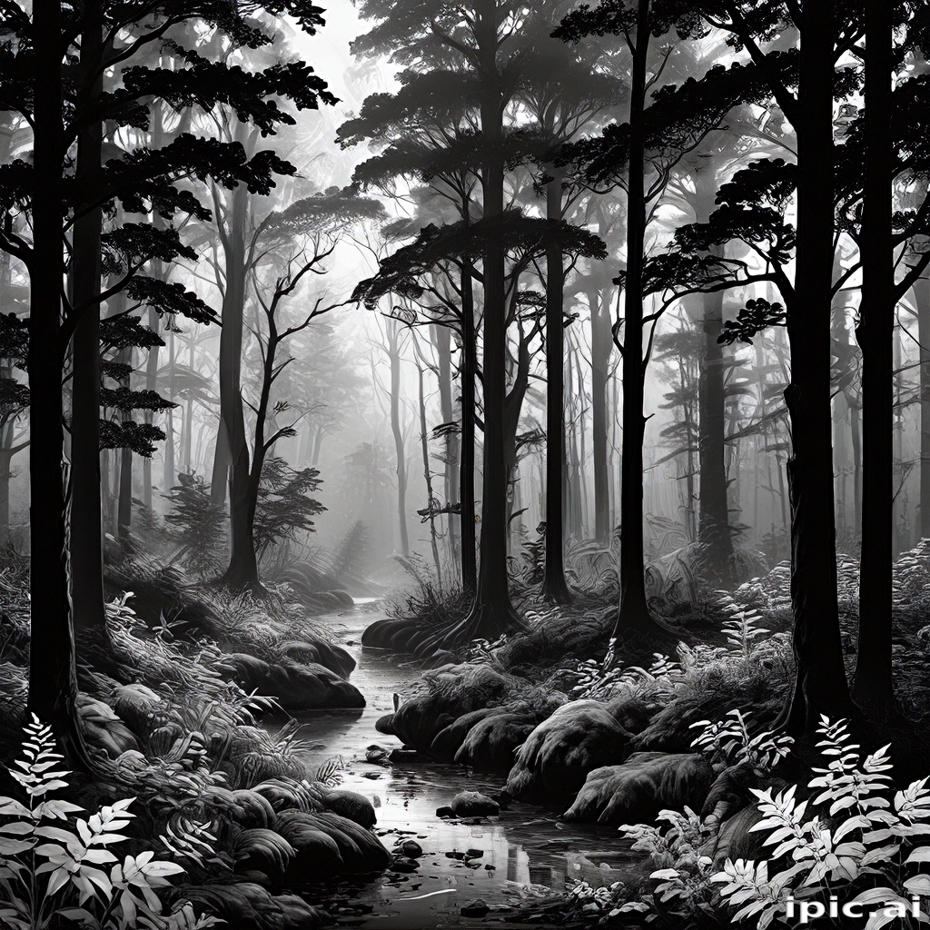 “Serene Black and White Forest Landscape with Flowing Stream and Mist”