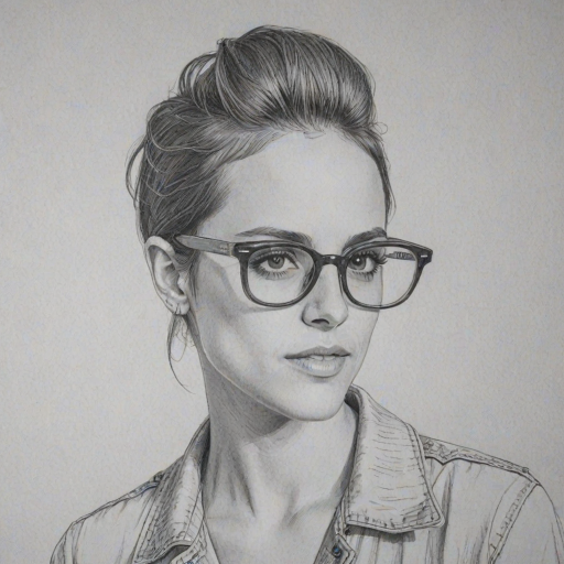 Radiant Samantha Ronson, pencil sketch, portrait of Radiant woman 1966s in glasses, hair style beatnik, outline, clear lines, fine lines, 8k