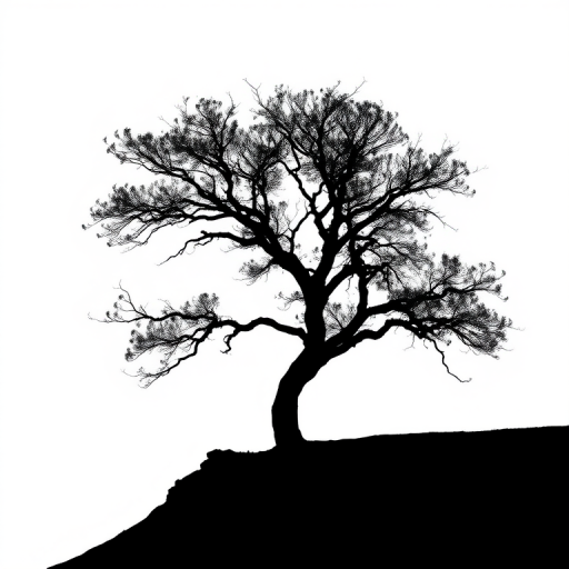 /imagine prompt: a minimalist black silhouette of a tree against a white background, capture with a Canon EOS R5, aperture f/8, ISO 100, 50mm lens, clear focus and high resolution.