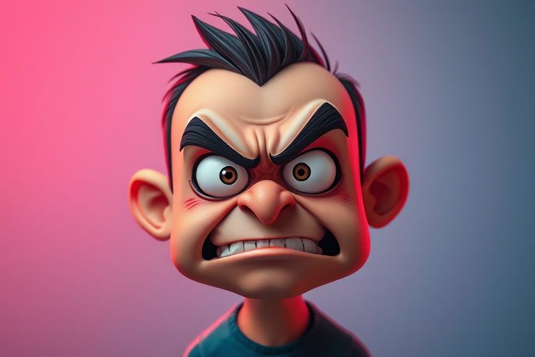 Create a cartoon-style image of an angry character with exaggerated facial features, using a soft gradient background that transitions from blue to red, captured with a Canon EOS R5, 50mm lens, f/1.8, ISO 100, with high saturation and contrast for vibrant colors.