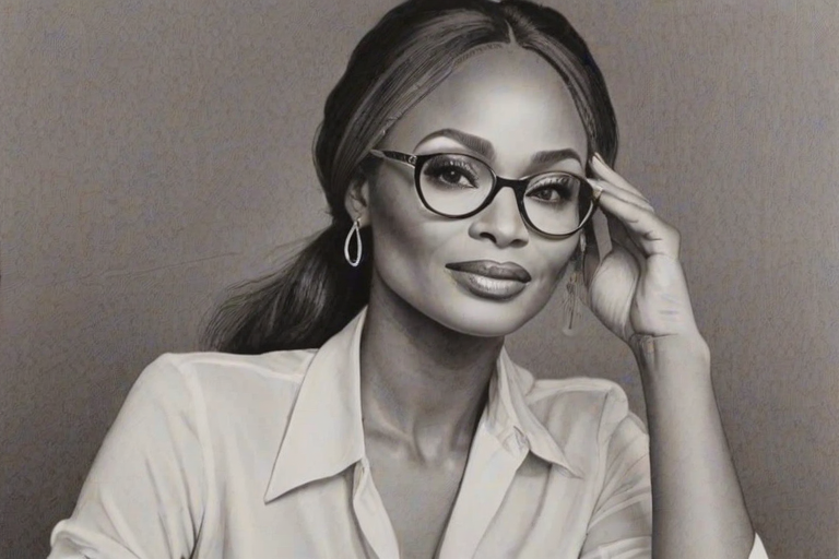Elegant Cynthia Bailey, pencil sketch, portrait of Alluring woman 1977s in glasses, hair style beatnik, outline, clear lines, fine lines, 8k