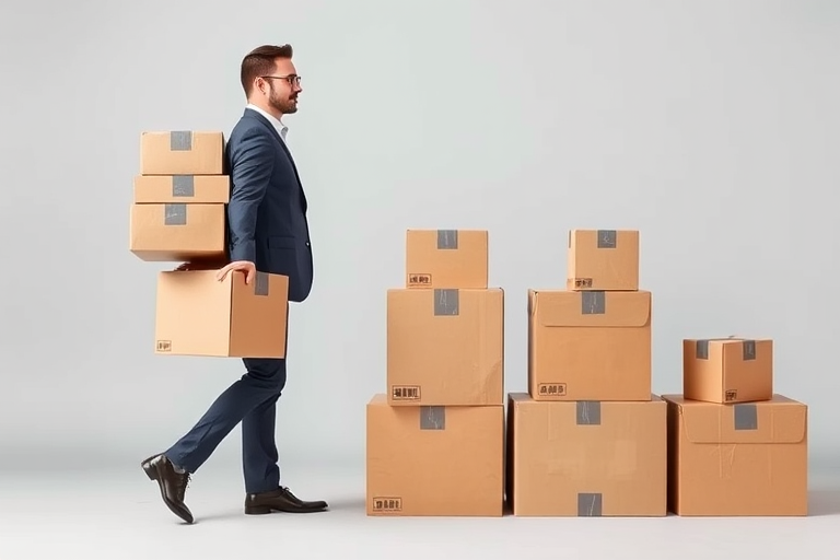 Create a high-resolution image of a man in a suit carrying stacked cardboard boxes, with cardboard boxes arranged in different positions on a light gray background, using a DSLR camera with a 50mm lens at f/1.8, ISO 100, and a shutter speed of 1/200 sec, in a well-lit studio setting to enhance image clarity and detail.