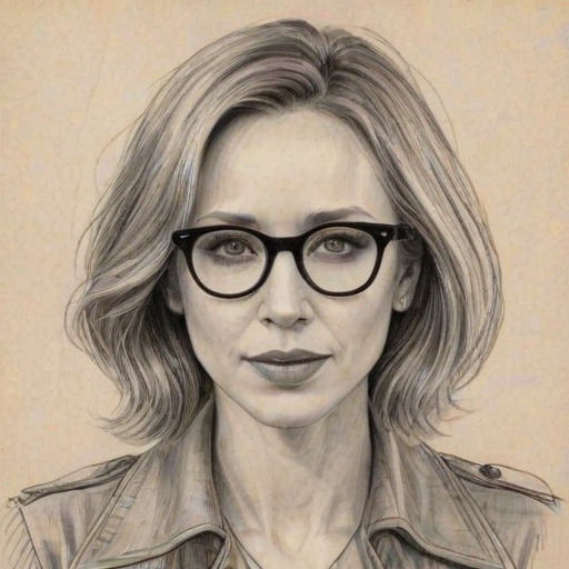Alluring Vera Farmiga, pencil sketch, portrait of Fascinating woman 1969s in glasses, hair style beatnik, outline, clear lines, fine lines, 8k