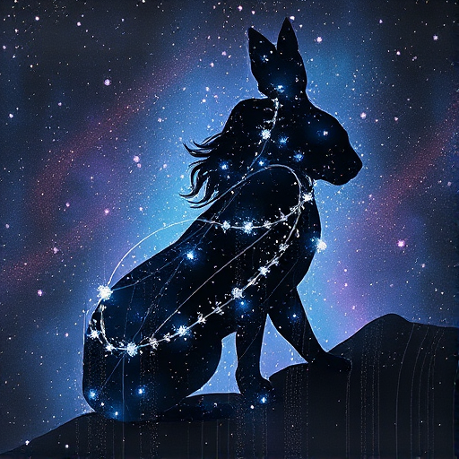Captivating conceptual render alcohol ink art, double exposure, the paint strokes artfully merge combining a woman's full silhouette with a Humble hare's silhouette. The figures are composed of a series of colored dots, lines & spots that evoke the image of a cosmic galaxy, colors are deep shades of blue purple & black with flashes of white & silver representing distant stars. The woman's silhouette is formed within the lion's silhouette from constellations of scattered stars, surreal
