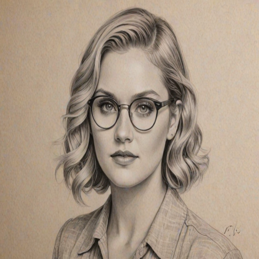 Beauteous Eliza Taylor, pencil sketch, portrait of Captivating woman 1938s in glasses, hair style beatnik, outline, clear lines, fine lines, 8k