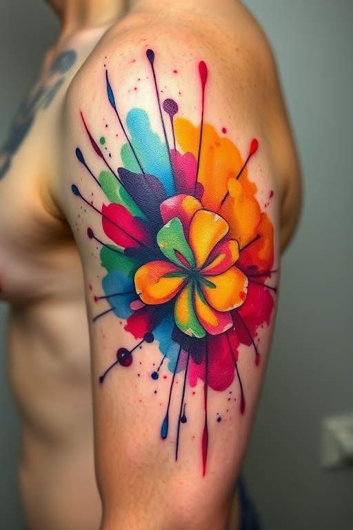 Watercolor splash tattoo called "Chromatic Explosion" resembling an abstract painting with vibrant hues blending and splashing across the skin in a seemingly random pattern