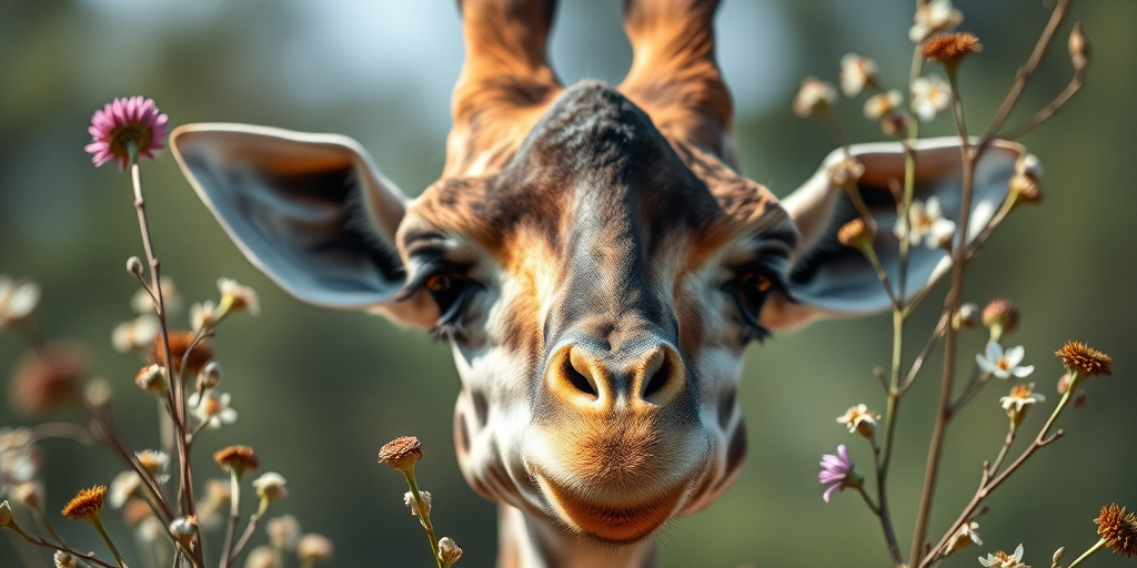 Capture a detailed portrait of a giraffe's head surrounded by delicate floral elements, with a soft focus background, using a Canon EOS R5, 85mm f/1.2 lens, ISO 100, aperture f/2.8, and natural light to enhance textures and colors.