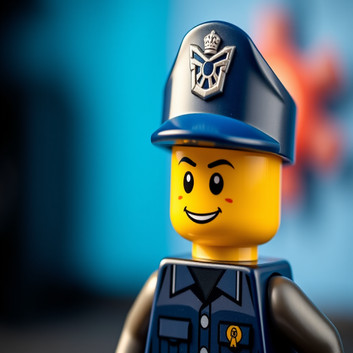 Create a high-resolution image of a Lego police officer figure with a cheerful expression, using a DSLR camera set to ISO 100, aperture f/2.8, focal length 50mm, shot in a well-lit studio environment, ensuring a clear focus on the figure with a soft blurred background.