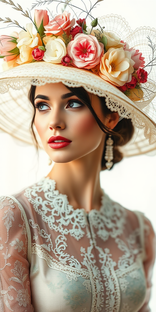 Create a high-resolution portrait of an elegant woman wearing a large decorative hat adorned with flowers and lace, with soft watercolor textures and intricate line work, shot with a Canon EOS R5, 50mm lens, f/1.4 aperture, natural light, and shallow depth of field for a dreamy effect.