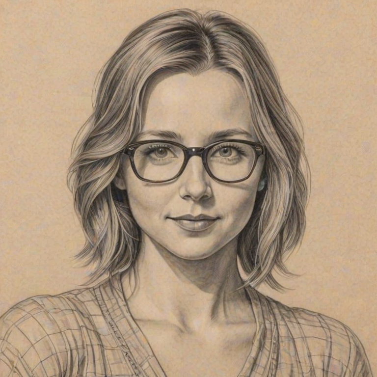 Resplendent Beverley Mitchell, pencil sketch, portrait of Radiant woman 1924s in glasses, hair style beatnik, outline, clear lines, fine lines, 8k