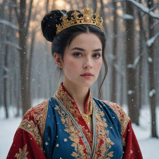 A young woman with long black hair styled in a high bun, adorned with a gold crown and intricate hair ornaments, stares intently at the viewer. She wears a vibrant red and gold embroidered robe with blue accents, a gold belt with a large ornate buckle, and a blue and gold shoulder piece. The woman is positioned in the center of the frame, with the background blurred and filled with falling snow. The image has a soft, ethereal feel with a focus on the woman's face and attire, creating a portrait-like composition. The colors are rich and saturated, with the red, gold, and blue of the clothing standing out against the muted blue and white of the snowy backdrop. The lighting is soft and diffused, casting a warm glow on the woman's face.  The overall mood is elegant and mysterious.  The details of the woman's attire, especially the intricate embroidery and embellishments, add a sense of opulence and grandeur.  The falling snow further enhances the sense of winter magic and wonder.