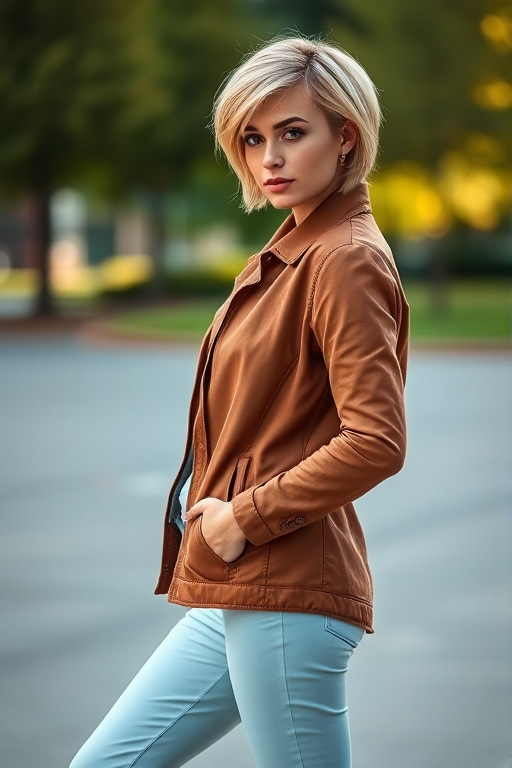 Create a high-quality image of a woman with short blonde hair wearing a brown jacket and light blue capris, posed in a dynamic stance, captured with a DSLR camera at f/2.8 aperture, 35mm lens, ISO 100, in natural soft lighting with a slight bokeh effect.