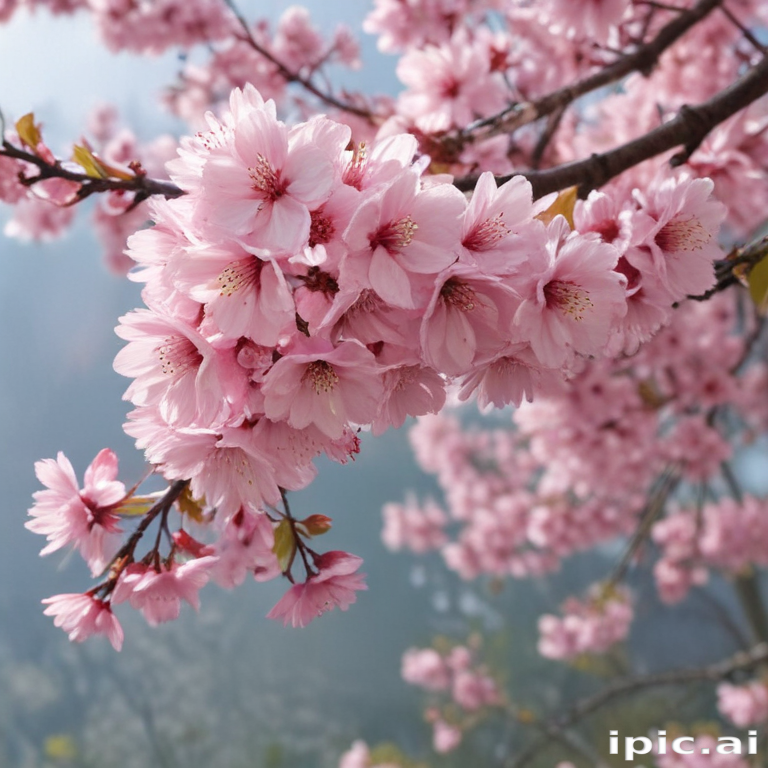 Beautiful Cherry Blossom Branch with Delicate Pink Flowers in Full Bloom