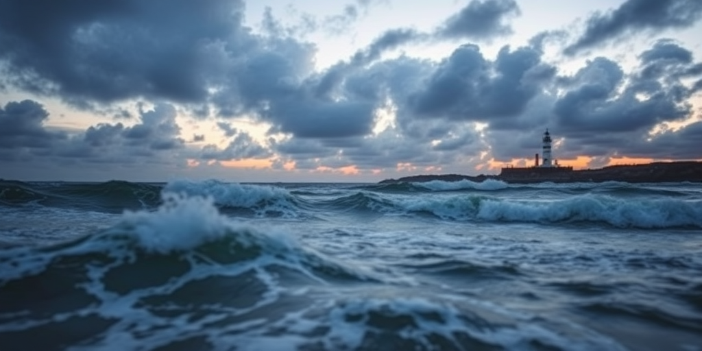 Create a dramatic seascape at dusk with turbulent waves and a distant lighthouse, captured with a Canon EOS 5D Mark IV, using a 24-70mm f/2.8 lens, at ISO 200, f/8, and a shutter speed of 1/125 sec, focusing on the interplay of light and shadow in the cloudy sky.