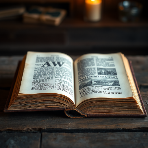 An open ancient book placed on a rustic wooden table with a soft focused background, warm ambient lighting illuminating the pages, captured with a DSLR camera at f/2.8 aperture, 50mm lens, ISO 100, and a shallow depth of field for enhanced detail and texture.
