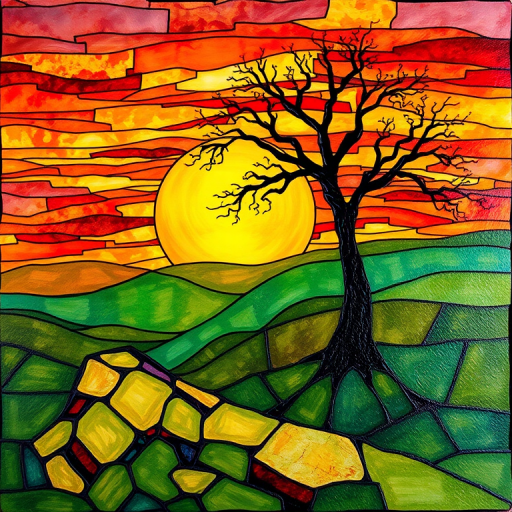 A vibrant abstract painting on Tiffany Glass, blending acrylic and alcohol ink techniques, captures a dramatic sunset over rolling hills. The artwork features a textured, rocky foreground in green and brown, layered abstract hills, and a striking sunset in rich oranges, yellows, and reds. A solitary black tree with intricate branches contrasts against the fiery sky, creating a dynamic and expressive portrayal of a breathtaking natural scene.