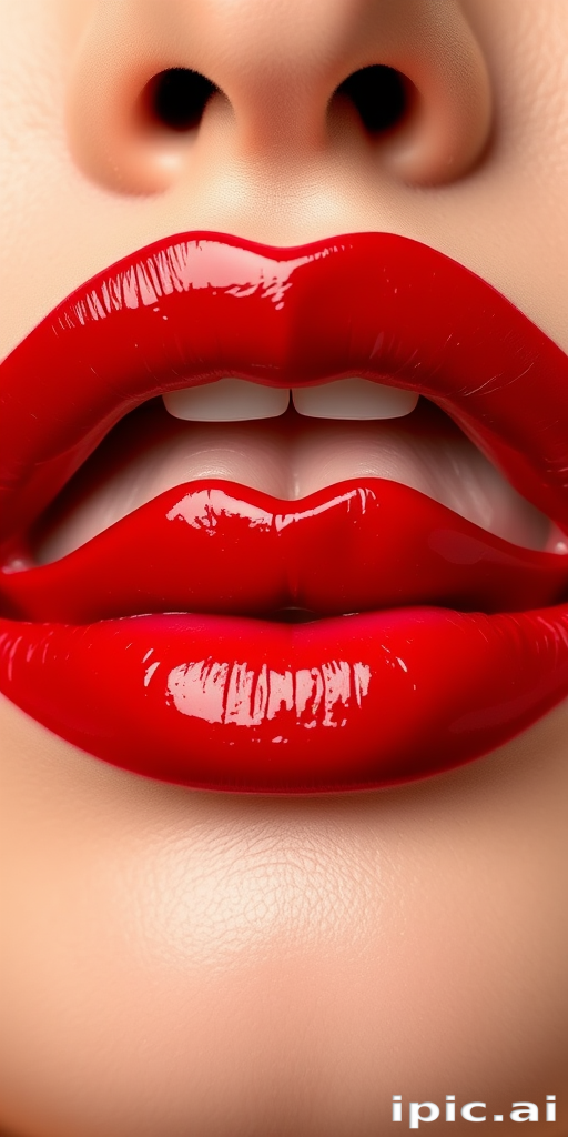 Classic cherry red lips with glossy finish, perfectly symmetrical shape, timeless allure and confidence, iconic Ruby Slipper Shine design