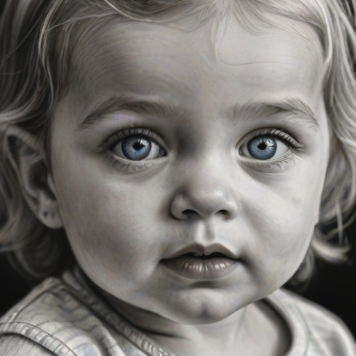 A hyperdetailed photorealistic black and white sketch of a beautiful toddler with deep blue eyes, with a macro focus