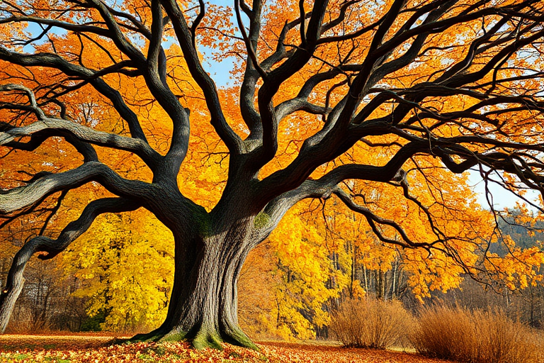 Capture a vibrant autumn landscape featuring a gnarled tree with intricate branches in the foreground, surrounded by a backdrop of golden leaves, using a Canon EOS R5 with a 50mm lens set to f/2.8, ISO 200, shutter speed 1/100s, taken from a low angle for depth, in soft natural light for enhanced color saturation.