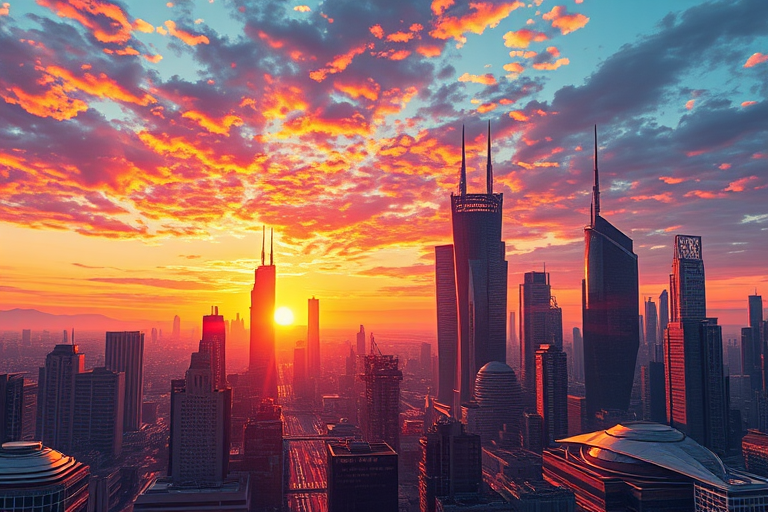 Detailed artistic illustration of a futuristic city at sunset with vibrant colors, high detail, wide angle lens, f/8 aperture, ISO 200, 24mm focal length, taken with a DSLR camera.