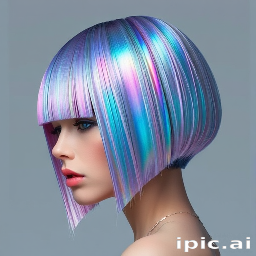 Futuristic Holographic Bob with a blunt cut and razor-sharp edges, shimmering with iridescent tones that shift colors as light reflects off the hair's surface