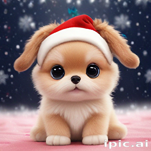 Adorable Puppy in a Santa Hat Surrounded by Snowflakes and Festive Cheer